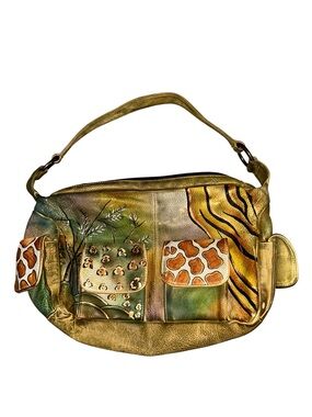 Anuschka Hand-Painted Gold and Green Animal Motif Shoulder Bag